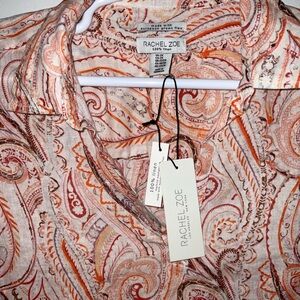 RACHEL ZOE 100% LINEN BURNT ORANGE PAISLEY 3/4 SLEEVE V NECK COLLAR TUNIC 2X NWT